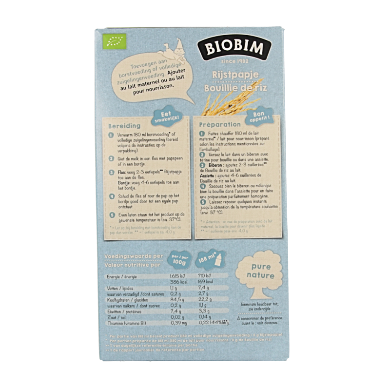 Biobim Baby rijstpapje 4 maanden bio 200 Gram