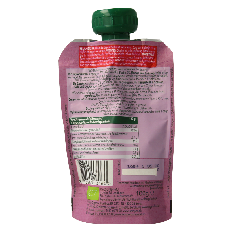 Organix Knijpfruit appel, aardbei en bosbessen 6+M bio 100 Gram