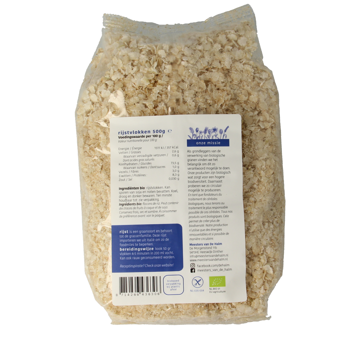 De Halm Rijstvlokken bio 500.00 Gram