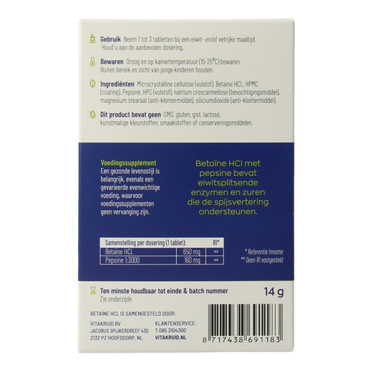 Vitakruid Betaine HCL 650mg & pepsine 160mg testkit 10.00 Tabletten