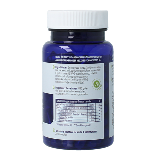 Vitakruid Maca3 complex zwart 10:1, geel 25:1 & rood 30:1 90.00 Vegetarische capsules