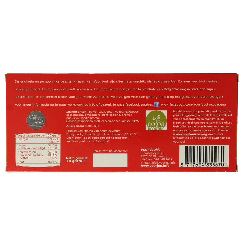Voor Jou! Wensreep melkchocolade gefeliciteerd 70.00 Gram
