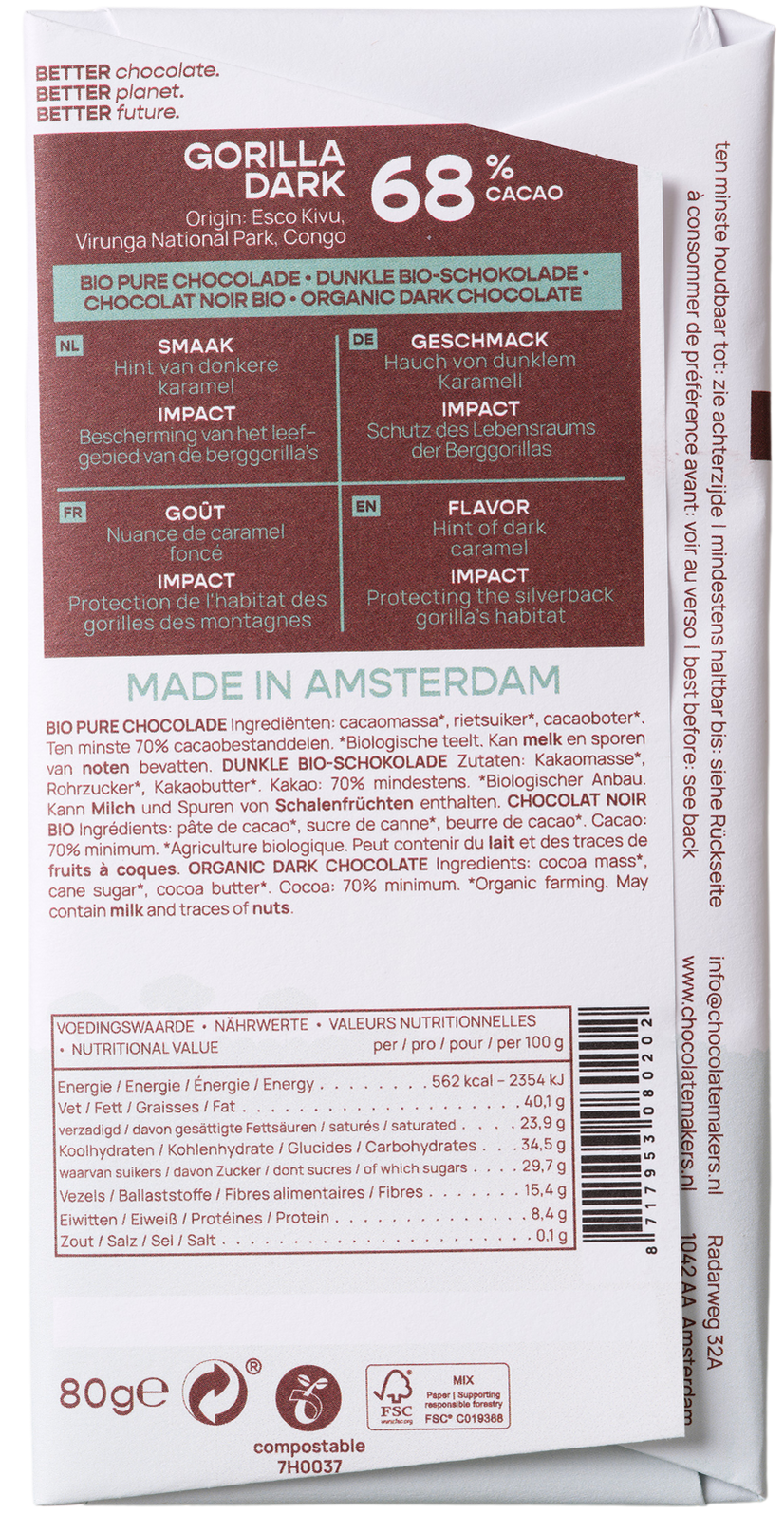 Chocolatemakers Gorilla bar 68% puur bio 80.00 Gram
