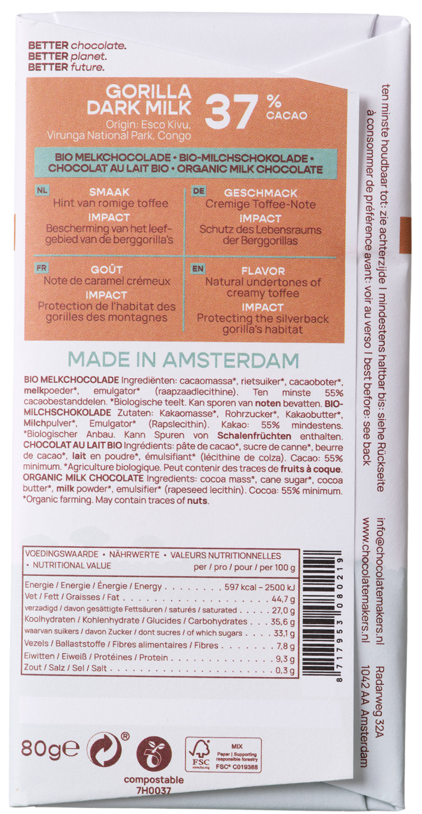 Chocolatemakers Gorilla melk 37% bio 80.00 Gram