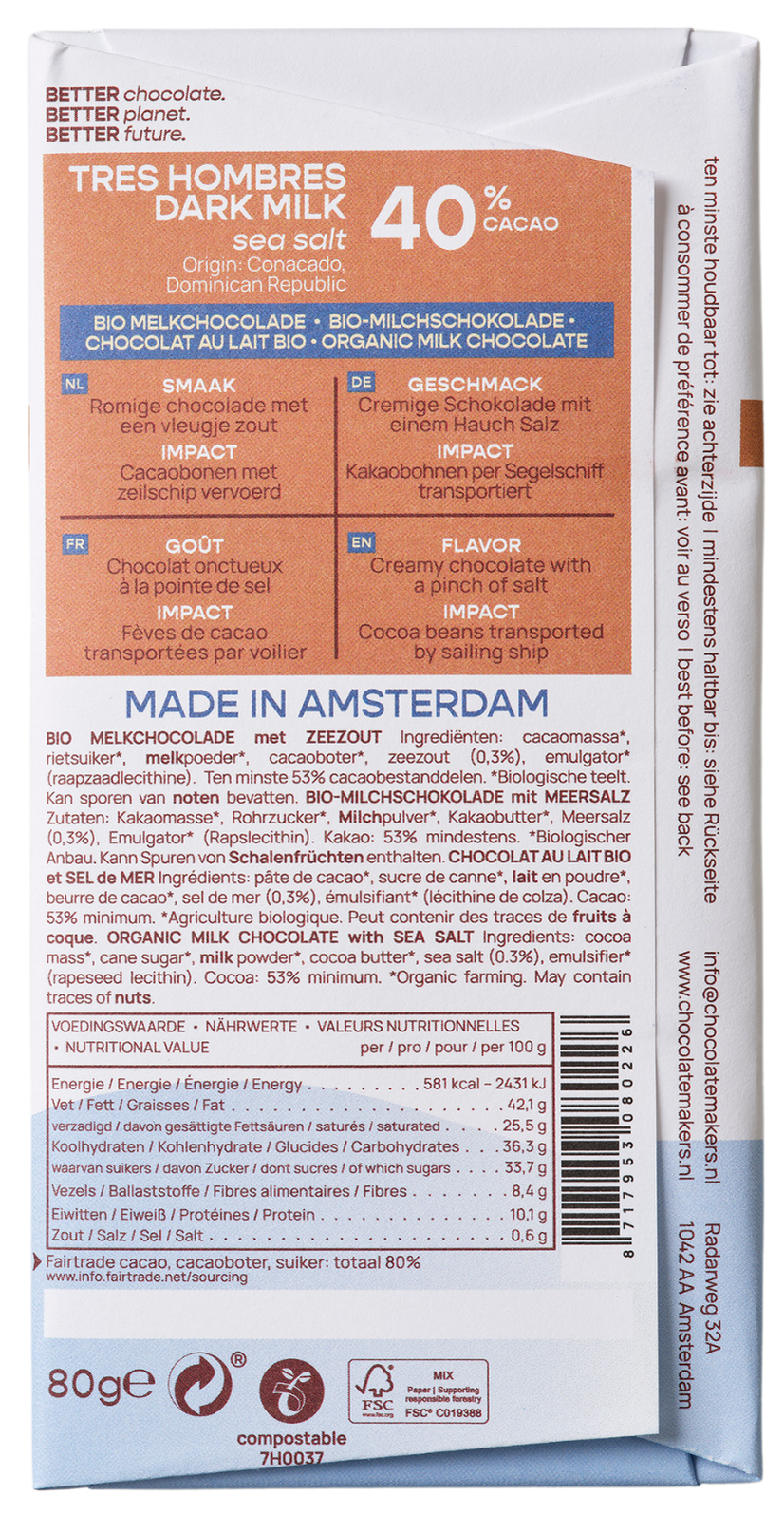 Chocolatemakers Reep tres hombres 40% melk zeezout fairtrade bio 80.00 Gram