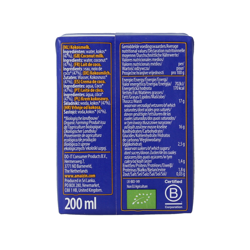Amaizin Kokosmelk bio 200 Milliliter