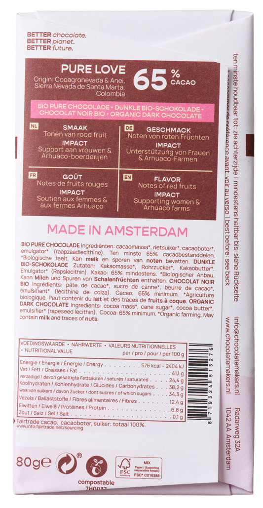 Chocolatemakers Pure love reep 65% puur fairtrade bio 80.00 Gram