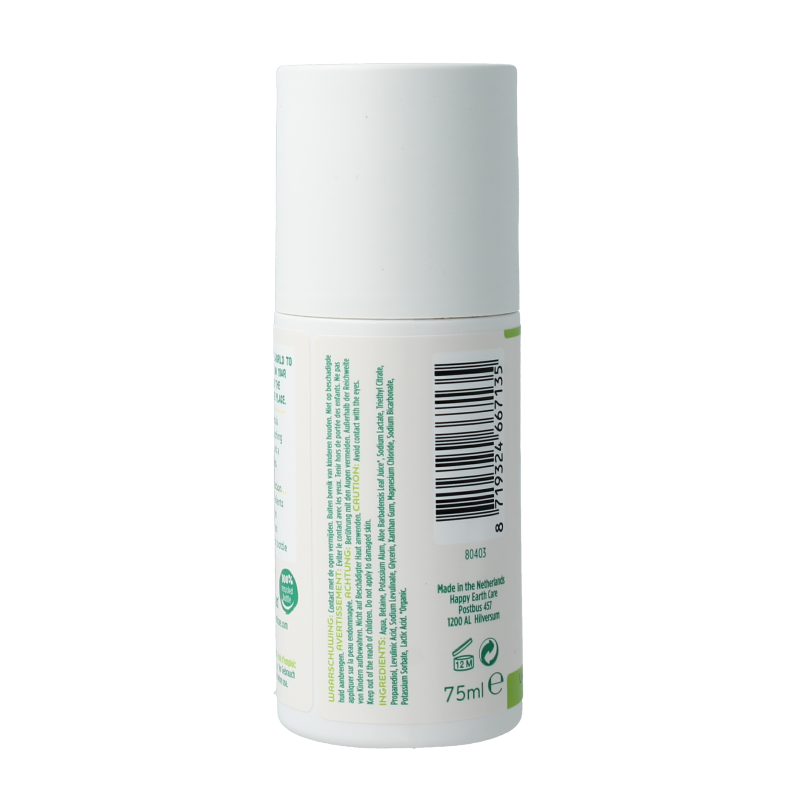 Happy Earth Pure deodorant roll-on unscented 75 Milliliter