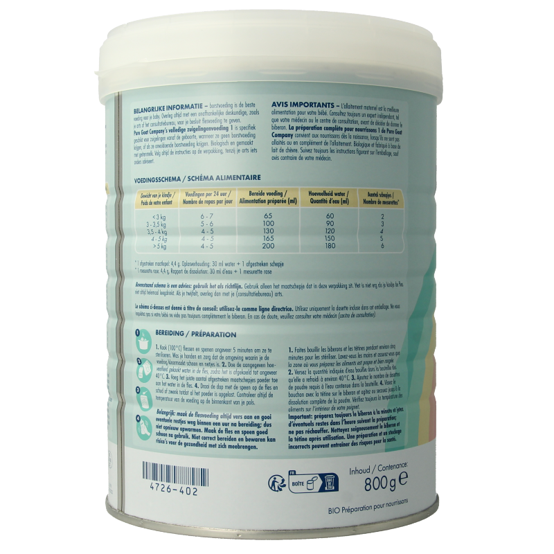 Pure Goat Zuigelingenvoeding volledig 1 bio 800 Gram