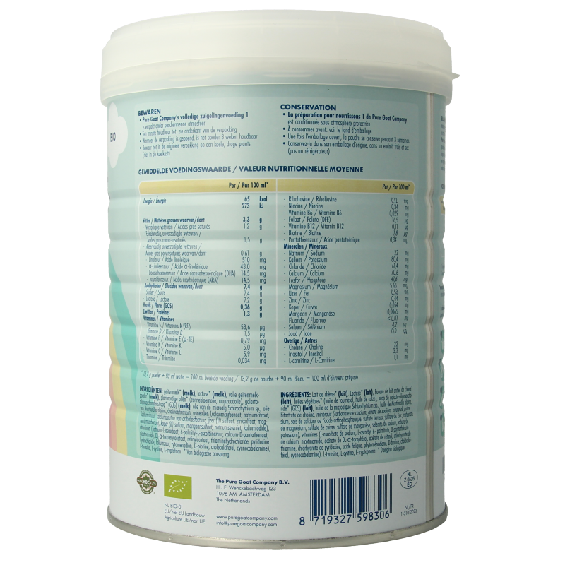 Pure Goat Zuigelingenvoeding volledig 1 bio 800 Gram