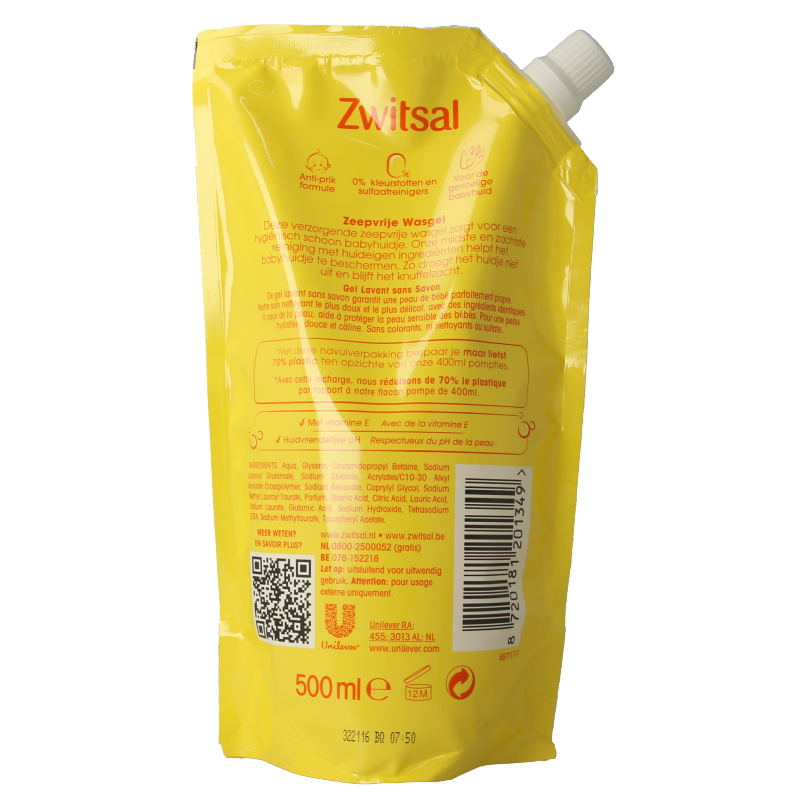 Zwitsal Wasgel zeepvrij navulverpakking 500 Milliliter