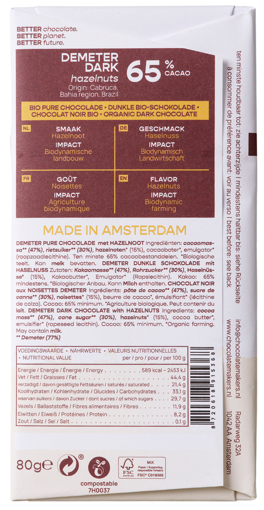 Chocolatemakers Brazil hazelnoot 65% puur demeter bio 80.00 Gram