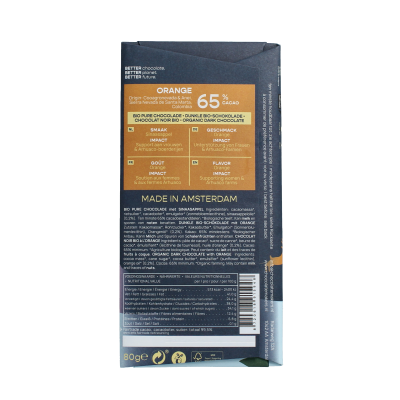 Chocolatemakers Kerstreep Colombia puur 65% orange bio 80 Gram