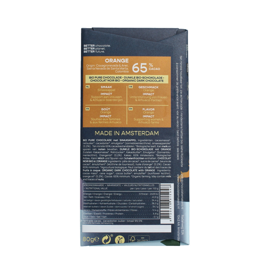 Chocolatemakers Kerstreep Colombia puur 65% orange bio 80 Gram