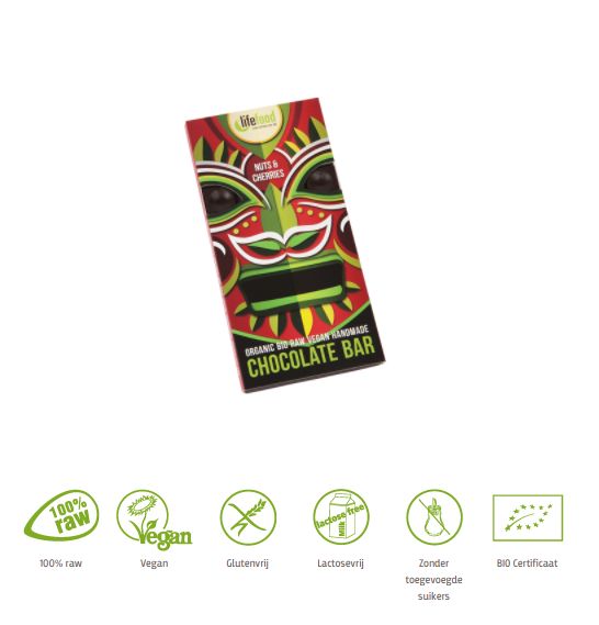Lifefood Chocolade kersen & noten raw bio 70 Gram