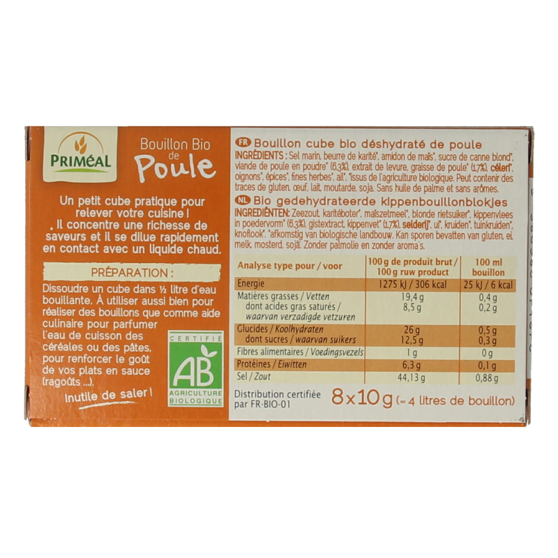 Primeal Kippenbouillon blokjes 10 gram bio 8 Stuks
