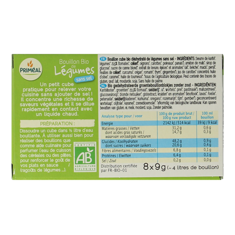 Primeal Groentebouillon blokjes zonder zout 9 gram bio 8 Stuks