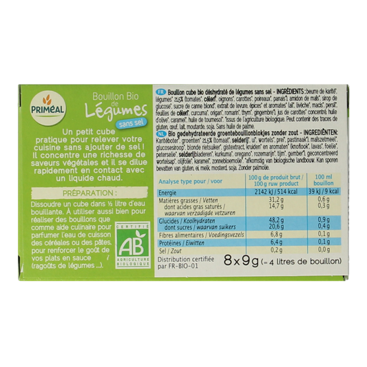 Primeal Groentebouillon blokjes zonder zout 9 gram bio 8 Stuks