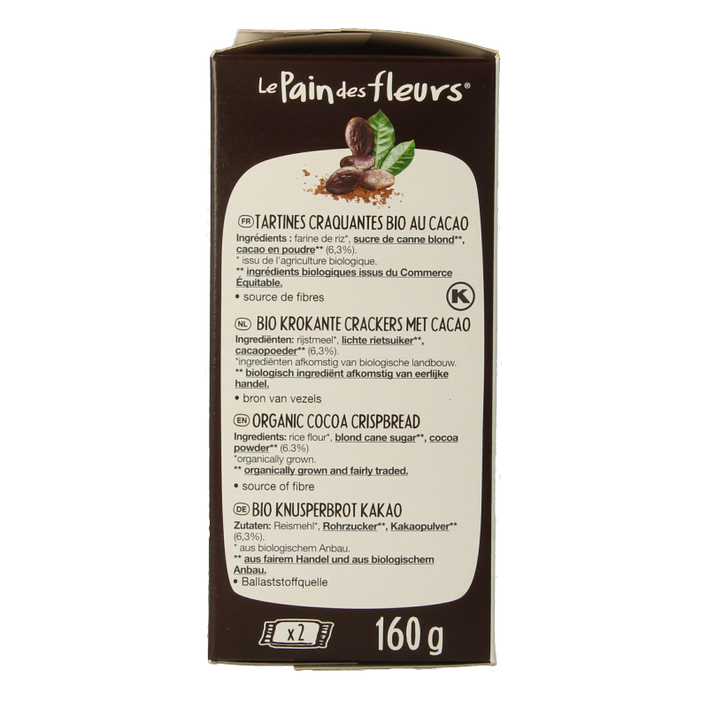 Pain Des Fleurs Krokante bio crackers met cacao bio 160 Gram