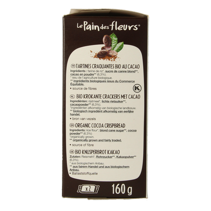 Pain Des Fleurs Krokante crackers cacao glutenvrij bio 160.00 Gram