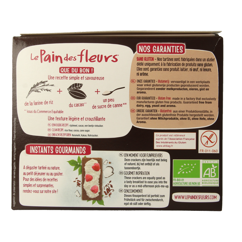 Pain Des Fleurs Krokante bio crackers met cacao bio 160 Gram