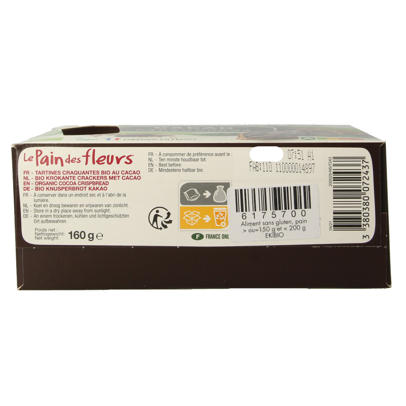 Pain Des Fleurs Krokante bio crackers met cacao bio 160 Gram