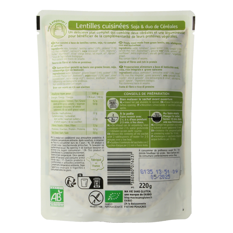 Ma Vie Sans Gekookte linzen soja & granenduo glutenvrij bio 220 Gram