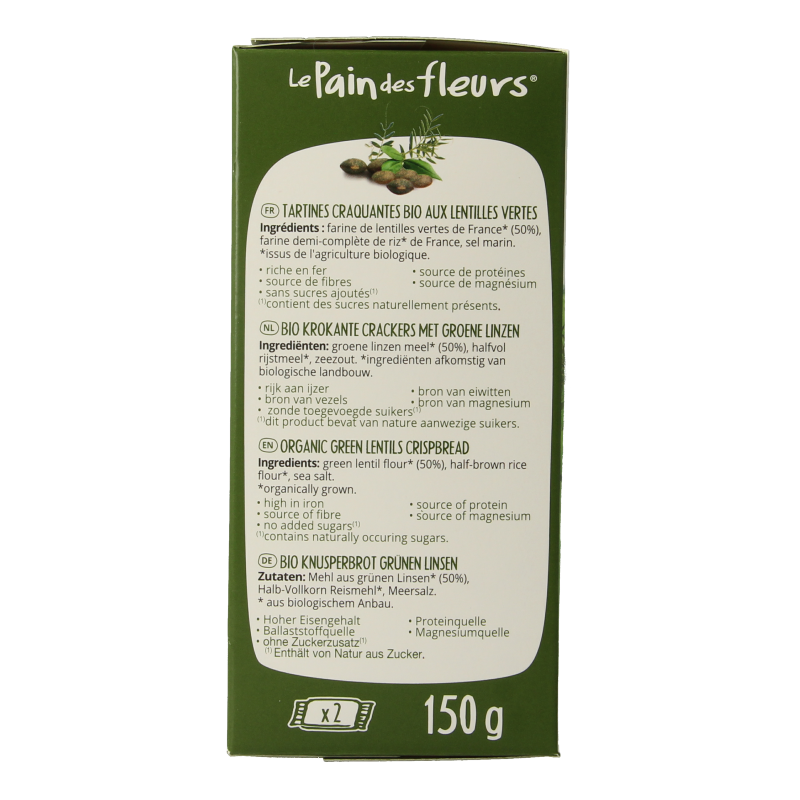 Pain Des Fleurs Crackers groene linzen bio 150 Gram