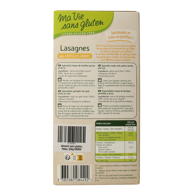 Ma Vie Sans Lasagnebladen van gele linzen glutenvrij bio 250 Gram
