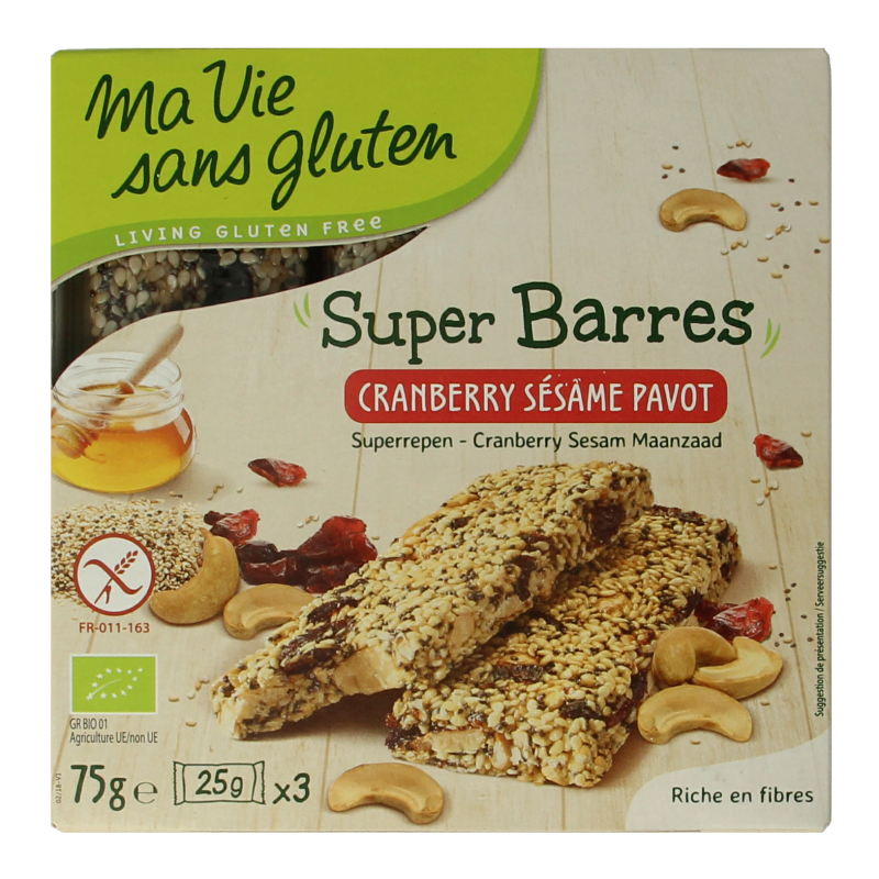 Ma Vie Sans Super repen sesam & cranberry glutenvrij bio 75 Gram