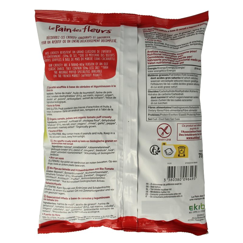 Pain Des Fleurs Chips gepoft tomaat basilicum glutenvrij bio vegan 75 Gram
