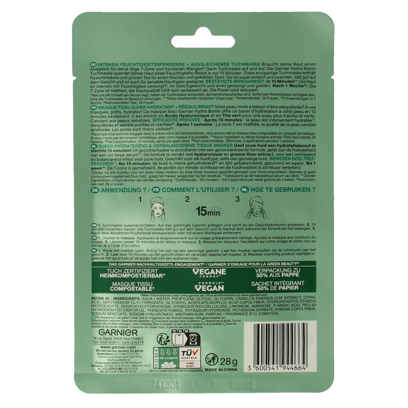 Garnier SkinActive tissuemasker hydra bomb groene thee  1 Stuks