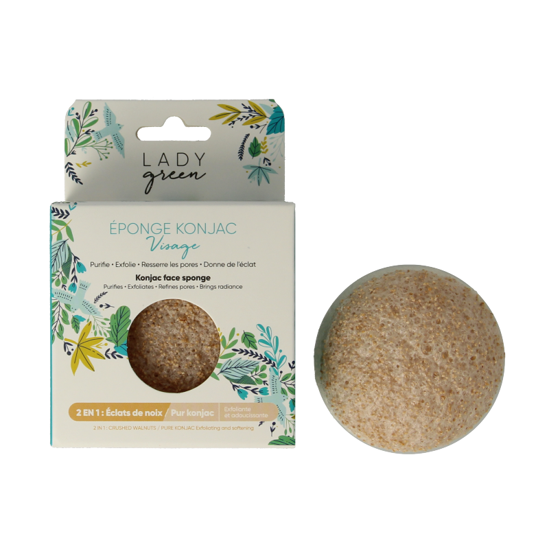 Lady Green Konjac gezichtsspons crushed walnut 1 Stuks