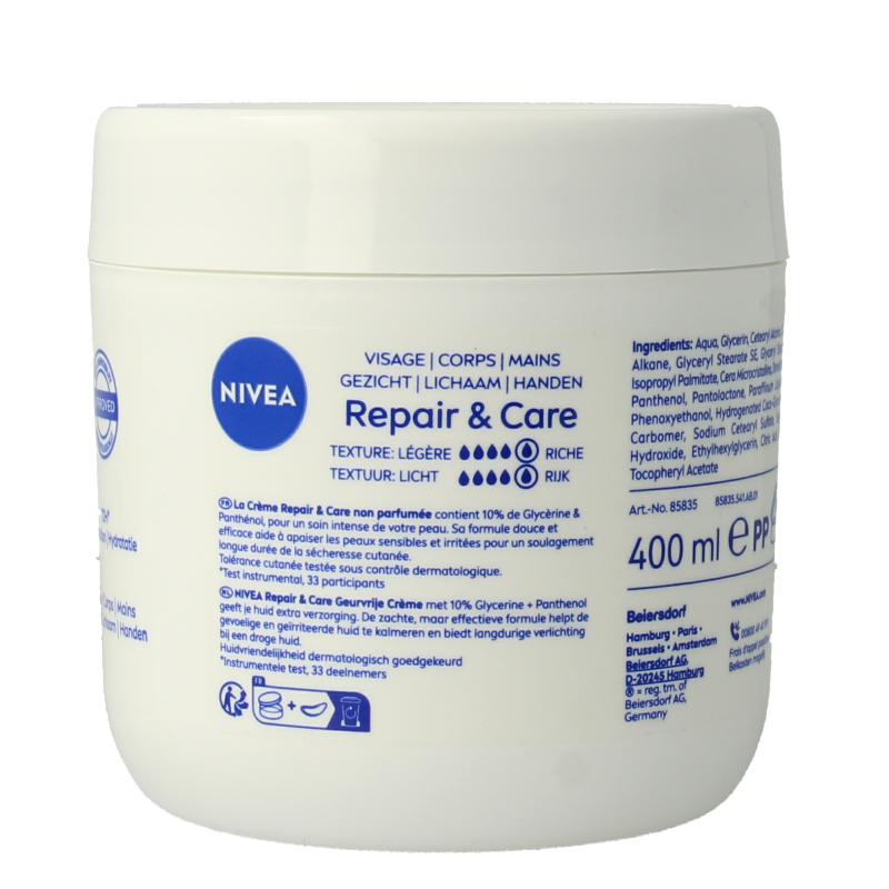 Nivea Repair & care bodycreme fragrance free sensitive 400 Milliliter