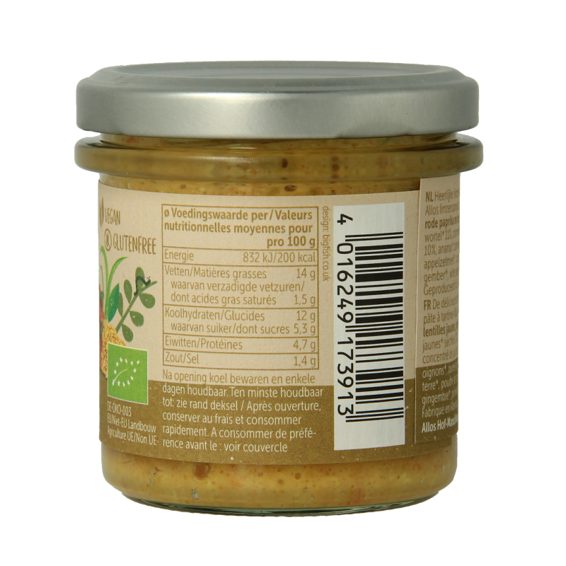Allos Linzenspread gele curry bio 140 Gram
