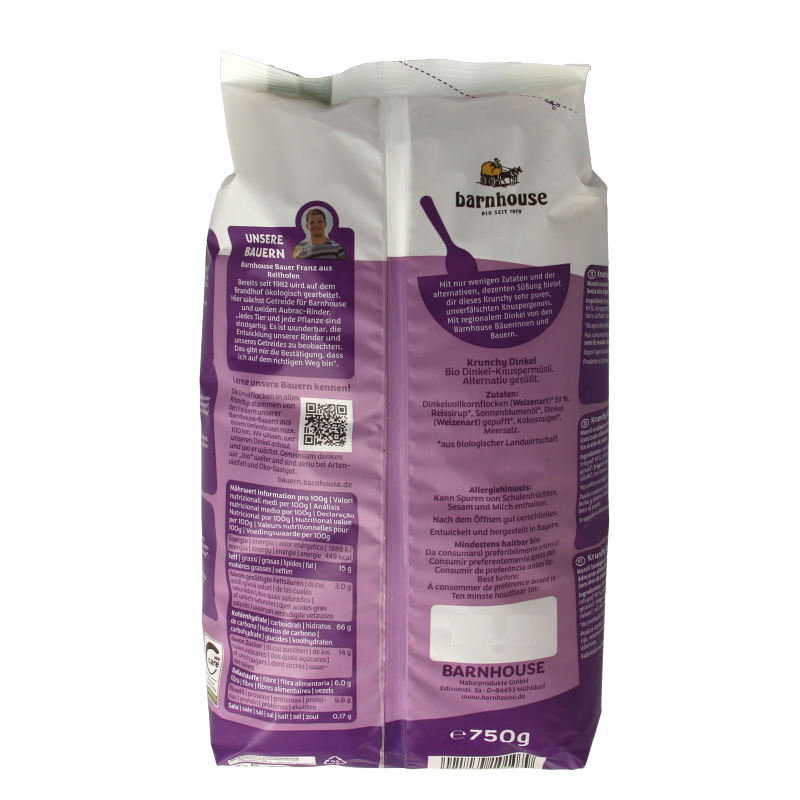 Barnhouse Krunchy pur spelt zonder suiker bio 750 Gram