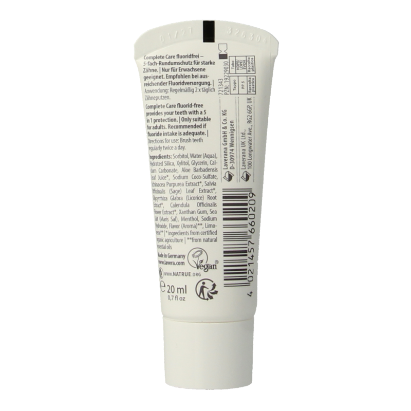 Lavera Tandpasta complete care fluoridevrij bio mini 20 Milliliter