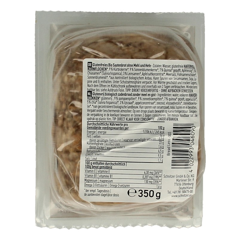 Schnitzer Breadless brood glutenvrij  bio 350 Gram