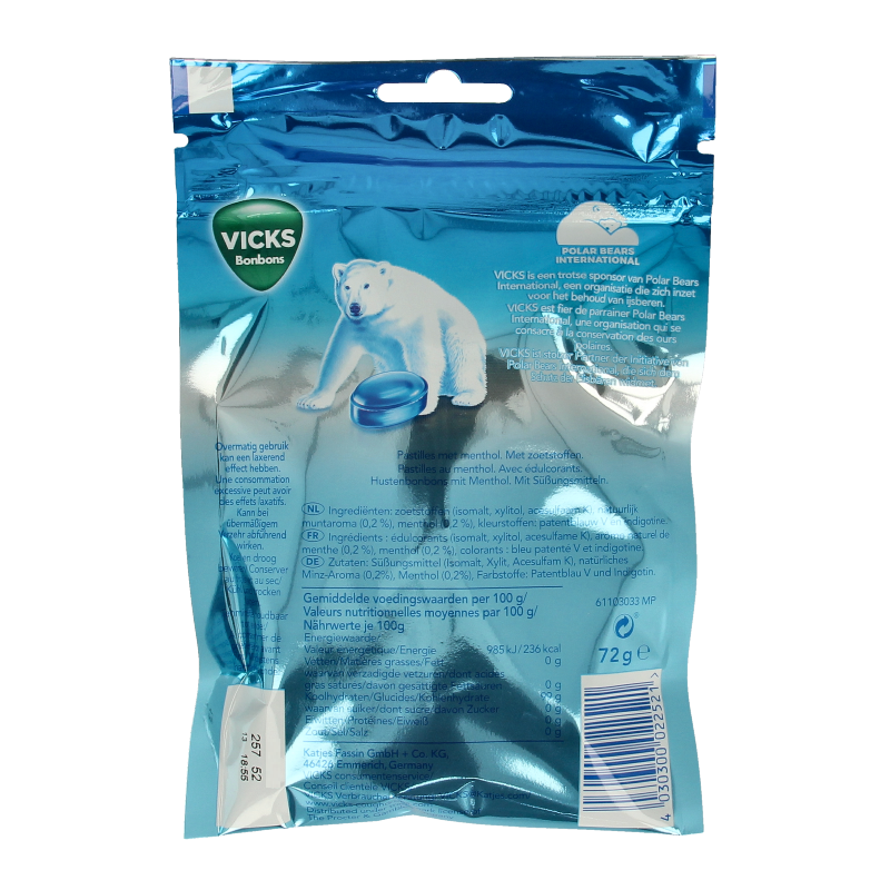 Vicks Blue menthol suikervrij bag 72 Gram
