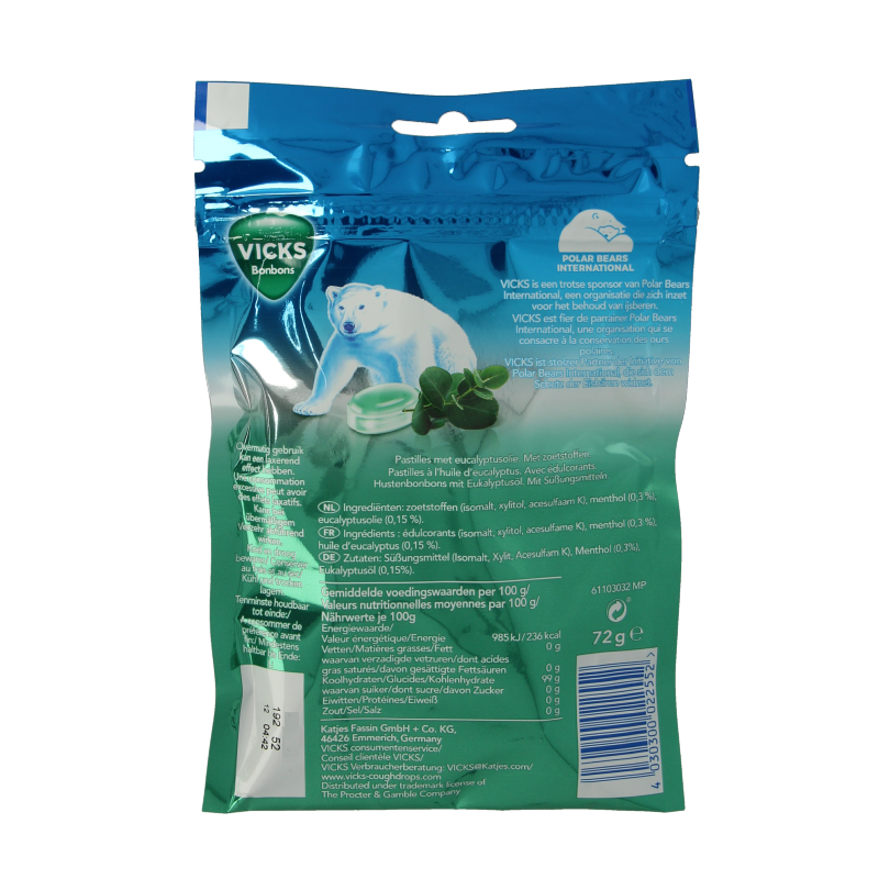 Vicks Ademvrij eucalyptus suikervrij bag 72 Gram