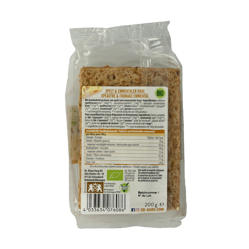 Dr. Karg's Spelt met emmenthaler bio 200 Gram