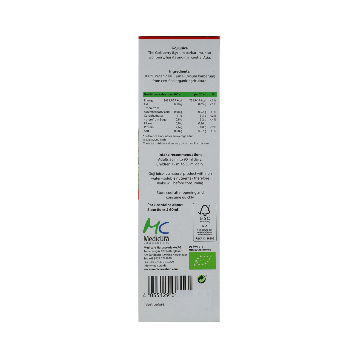 Medicura Goji 100% sap bio 330.00 Milliliter