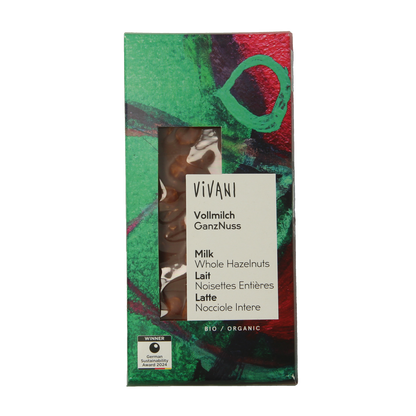 Vivani Chocolade melk met hele hazelnoten bio 100.00 Gram
