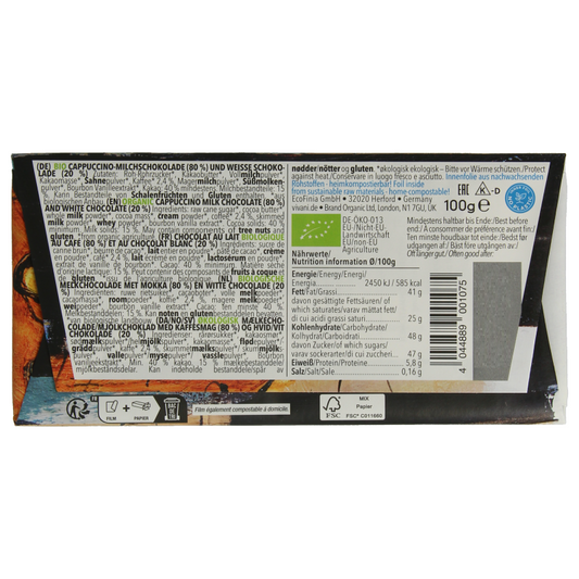 Vivani Chocolade melk en wit cappuccino bio 100 Gram