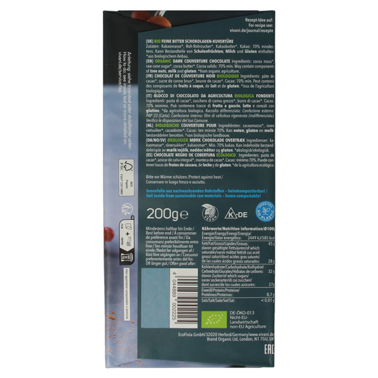 Vivani Couverture smeltchocolade puur bio 200 Gram