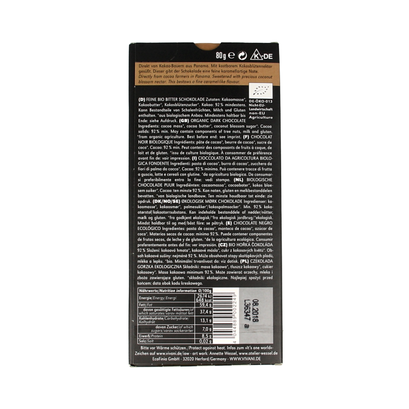 Vivani Chocolade puur delicaat 92% Panama bio 80 Gram