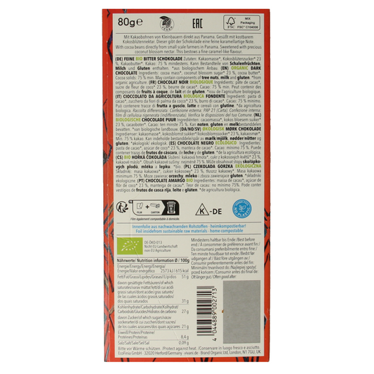 Vivani Chocolade puur 75% kokosbloesemsuiker bio 80 Gram