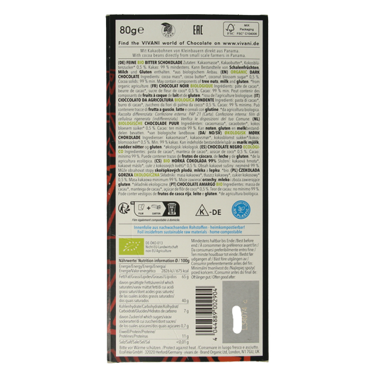 Vivani Chocolade puur 99% kokosbloesemsuiker bio 80 Gram