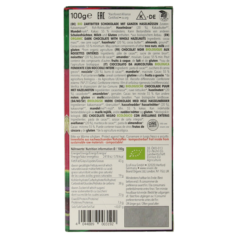 Vivani Chocolade puur met hele hazelnoten bio 100 Gram