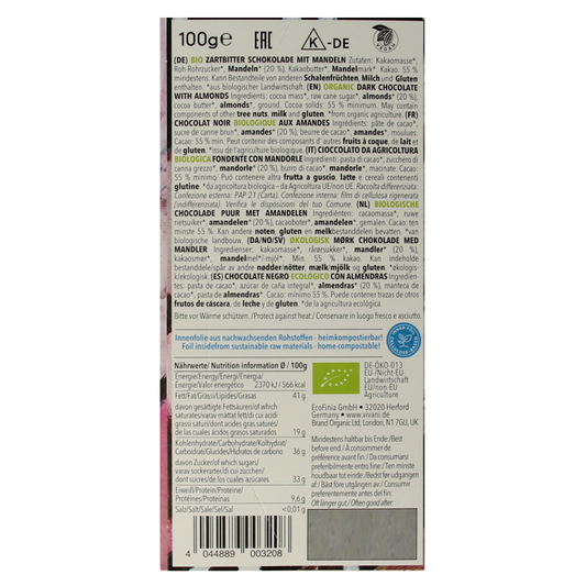 Vivani Chocolade puur met amandelen bio 100 Gram